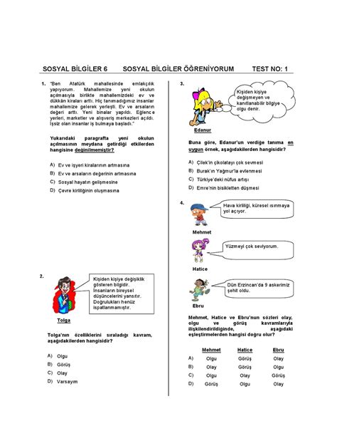 6 sınıf sosyal bilgiler 1 ünite test pdf